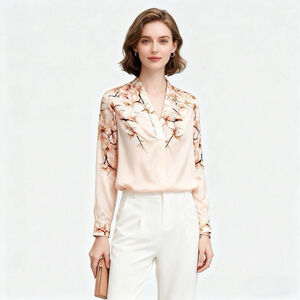 Womens 100% Mulberry Silk Long Sleeve Button Up Shirt Floral Print Top Spring SM